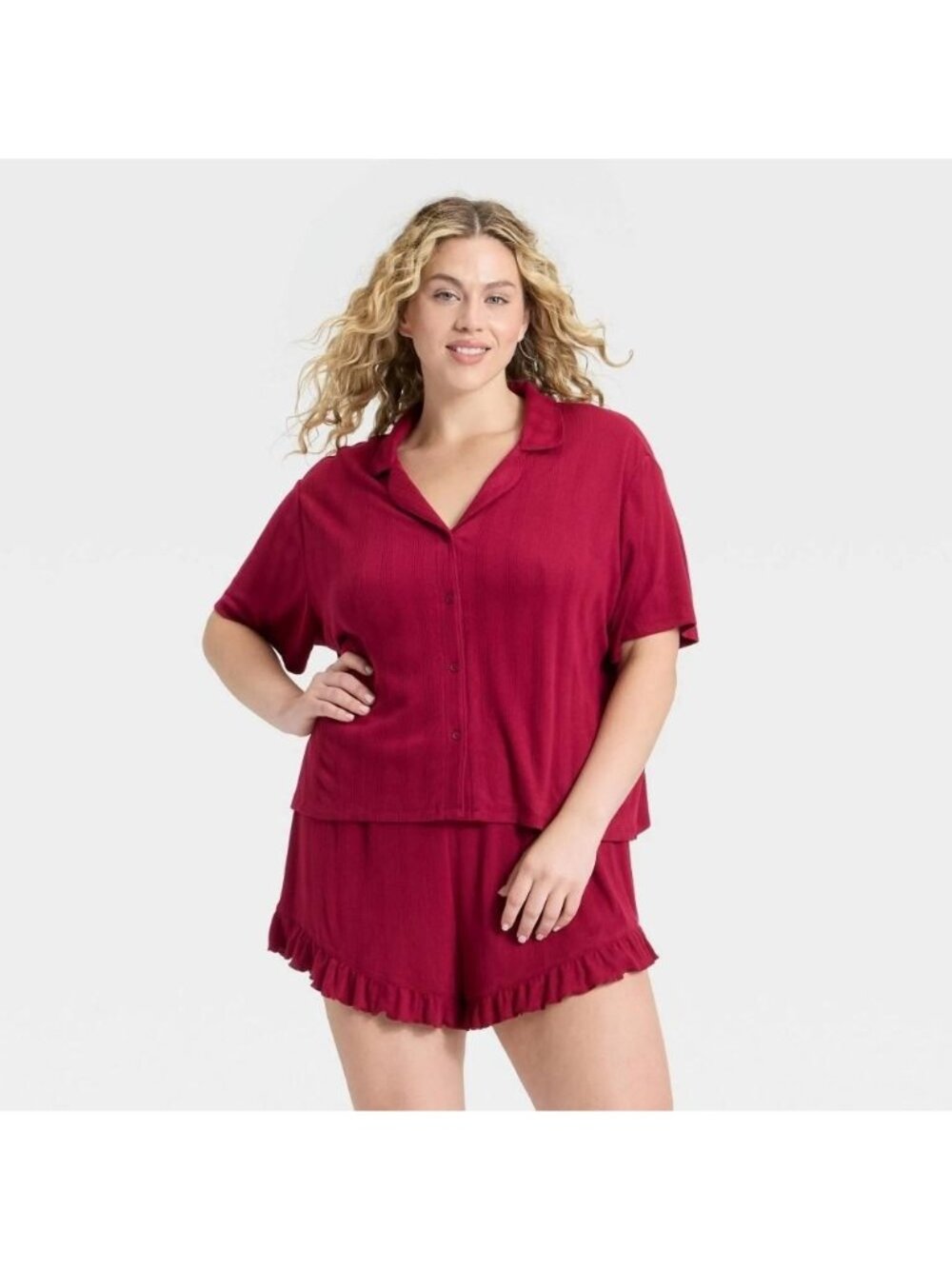 Women's Pointelle Notch Collar Shirt and Shorts Pajama Set - Wild Fable™ Burgund